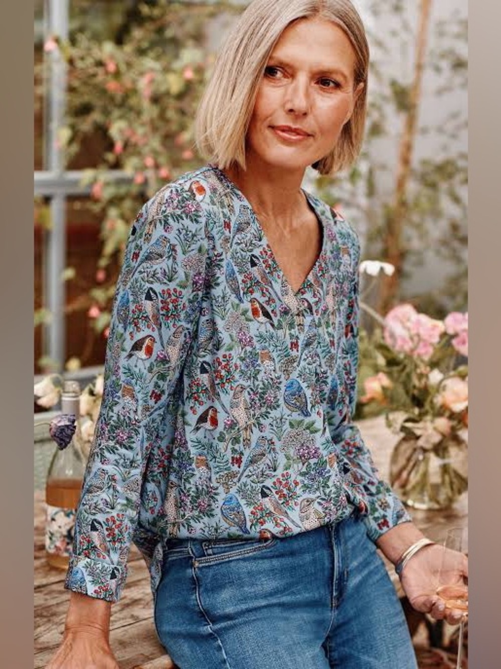 J.Jill Perched Birds Printed Silky Popover Blouse In Misty Blue